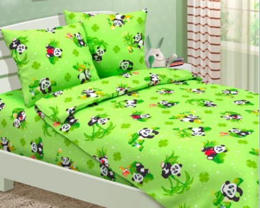 1.5-спальное постельное белье Панды зеленое бязь
